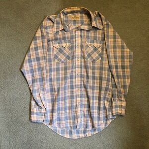 Vtg 70's Dee Cee Brand Western‎ Pearl Snap Shirt Plaid Blue Yellow Red Mens Med